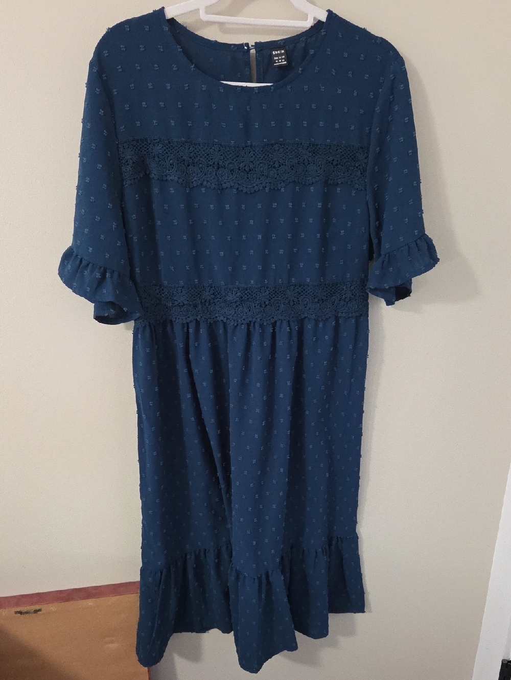 SHEIN Navy Textured Dot Lace-Trim Midi Dress